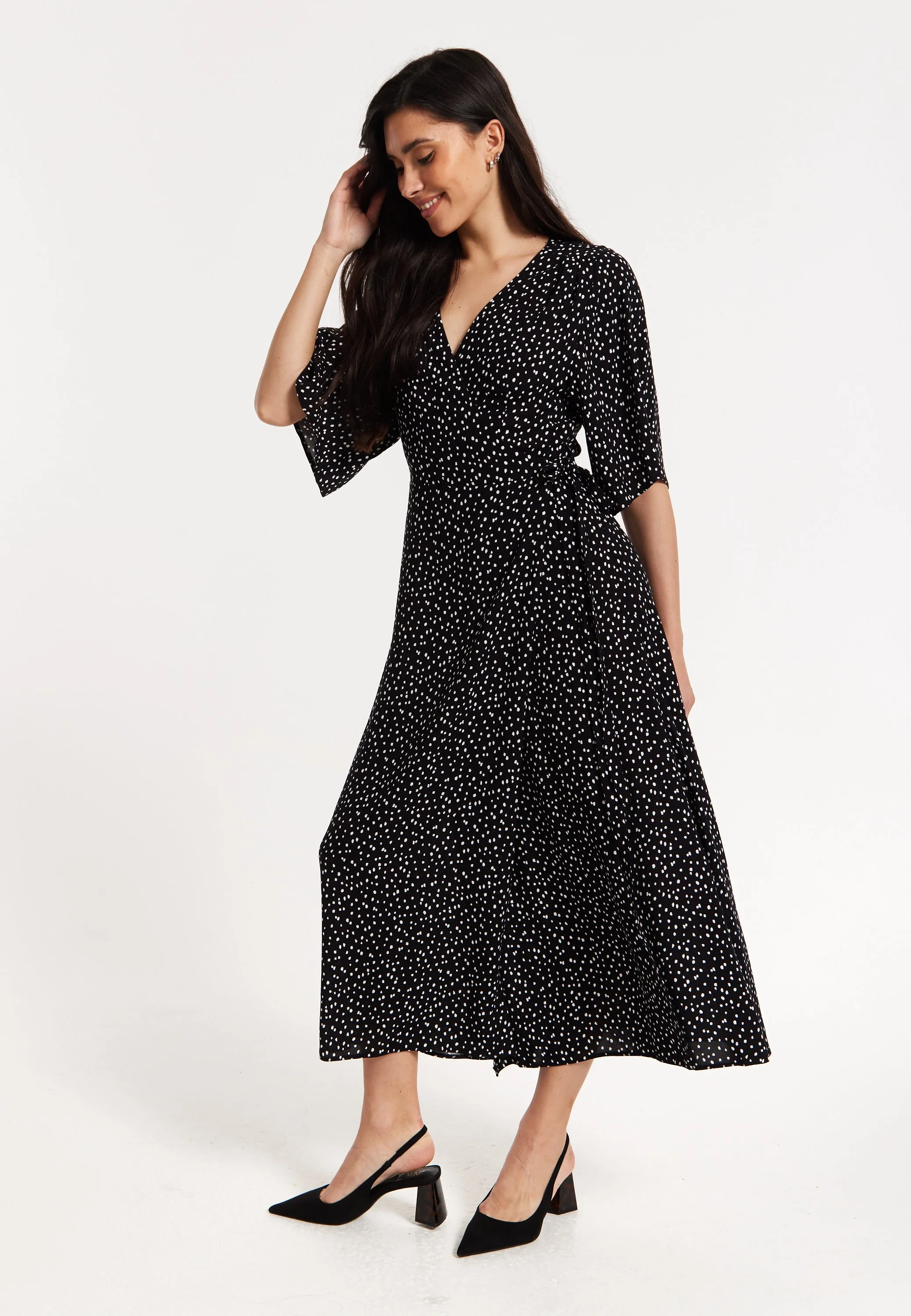 Black Polka Dot Kimono Wrap Maxi Dress