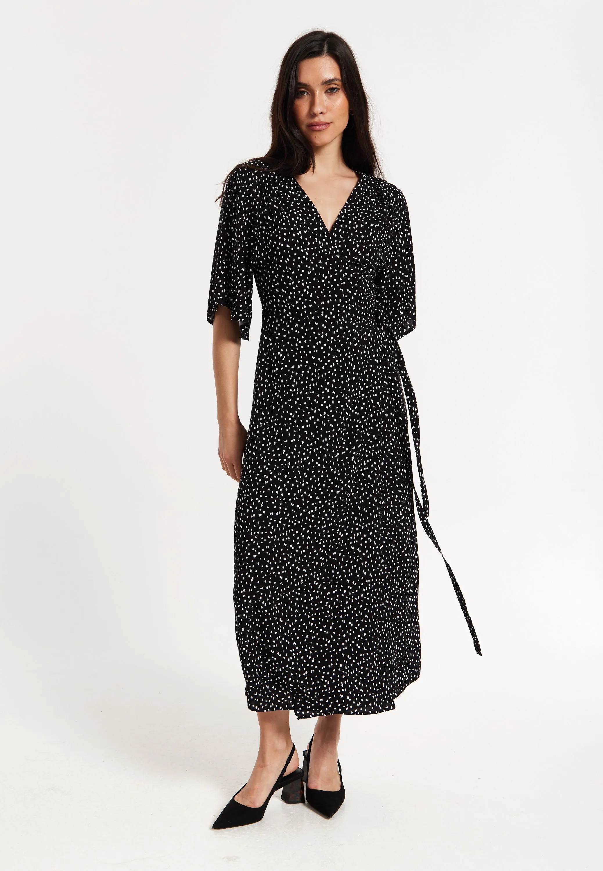 Black Polka Dot Kimono Wrap Maxi Dress