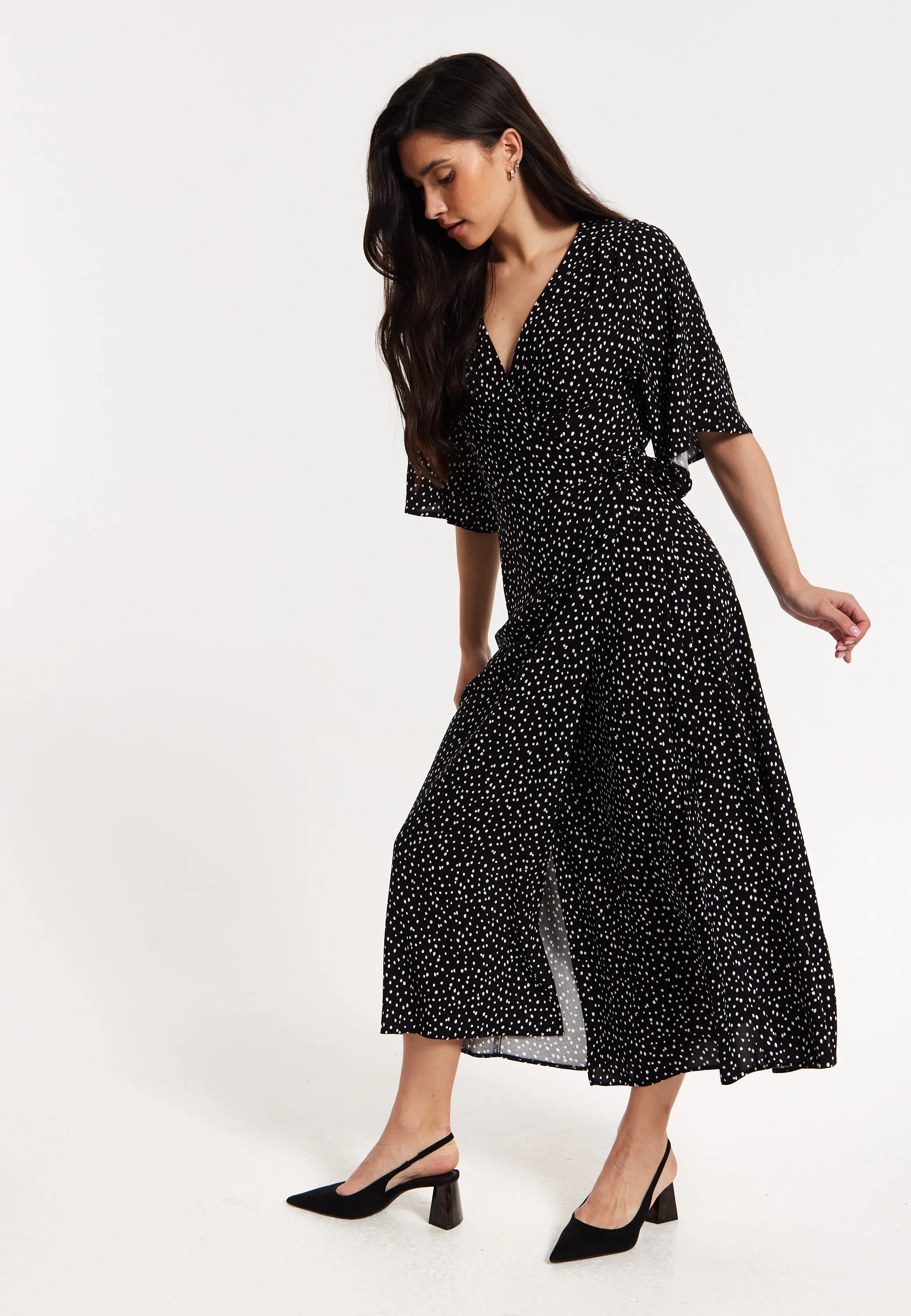 Black Polka Dot Kimono Wrap Maxi Dress