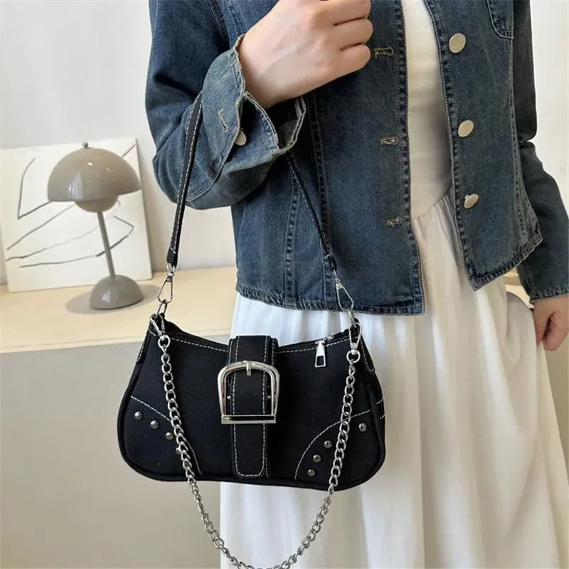 Buckle Décor Denim Bag with Chain Strap
