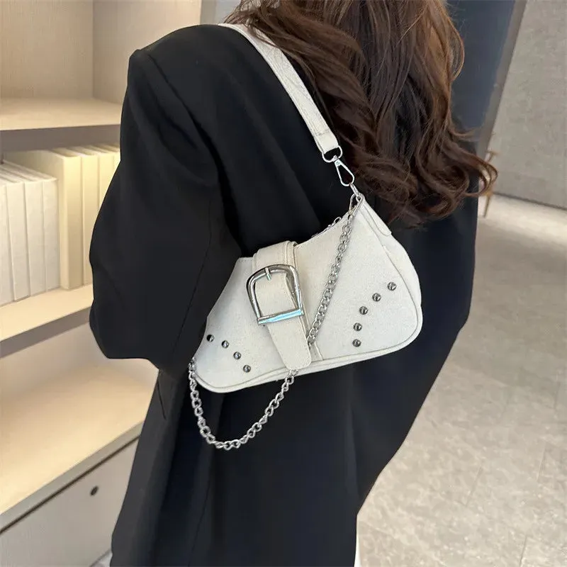 Buckle Décor Denim Bag with Chain Strap