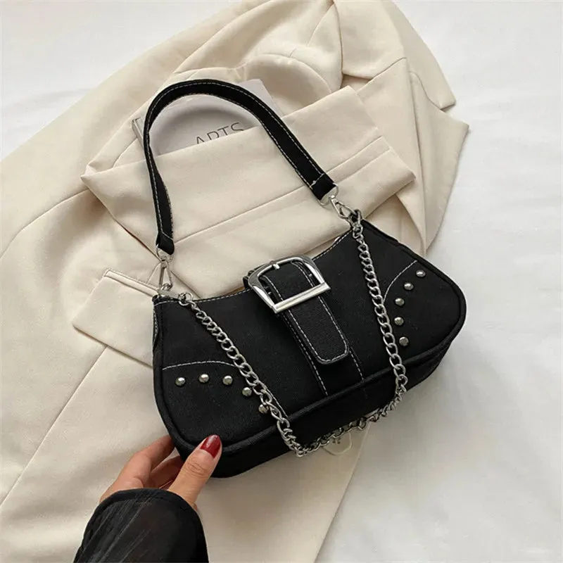 Buckle Décor Denim Bag with Chain Strap