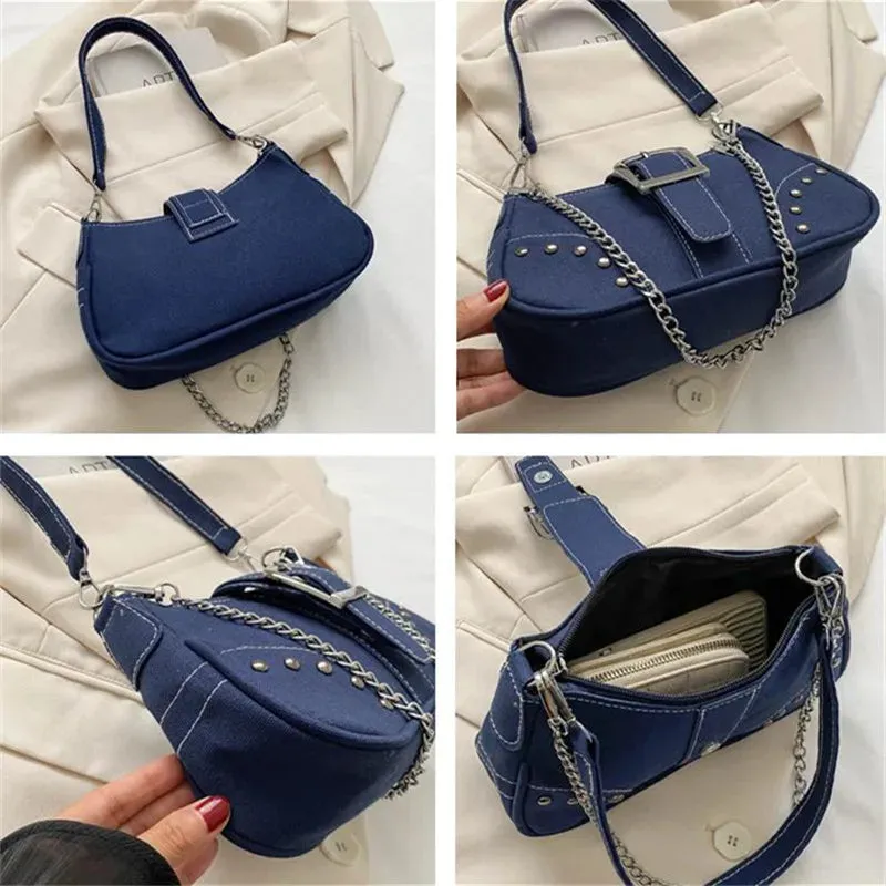 Buckle Décor Denim Bag with Chain Strap