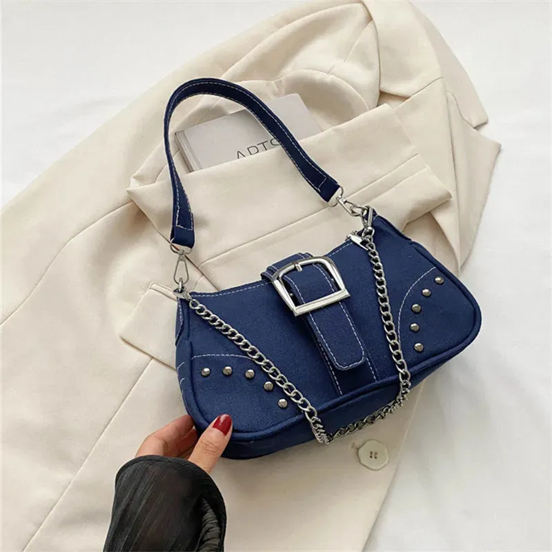 Buckle Décor Denim Bag with Chain Strap
