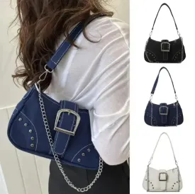 Buckle Décor Denim Bag with Chain Strap