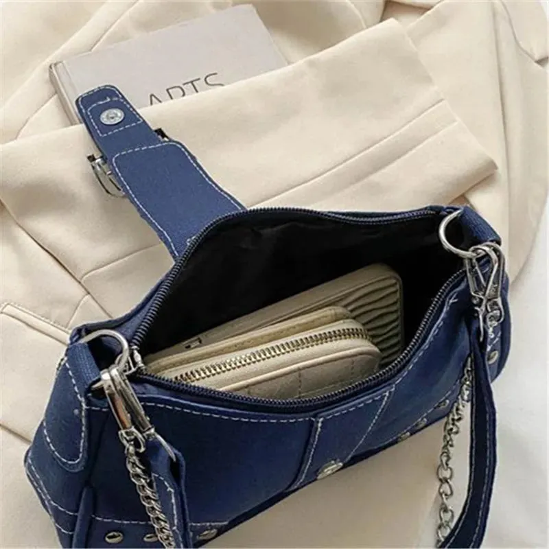 Buckle Décor Denim Bag with Chain Strap