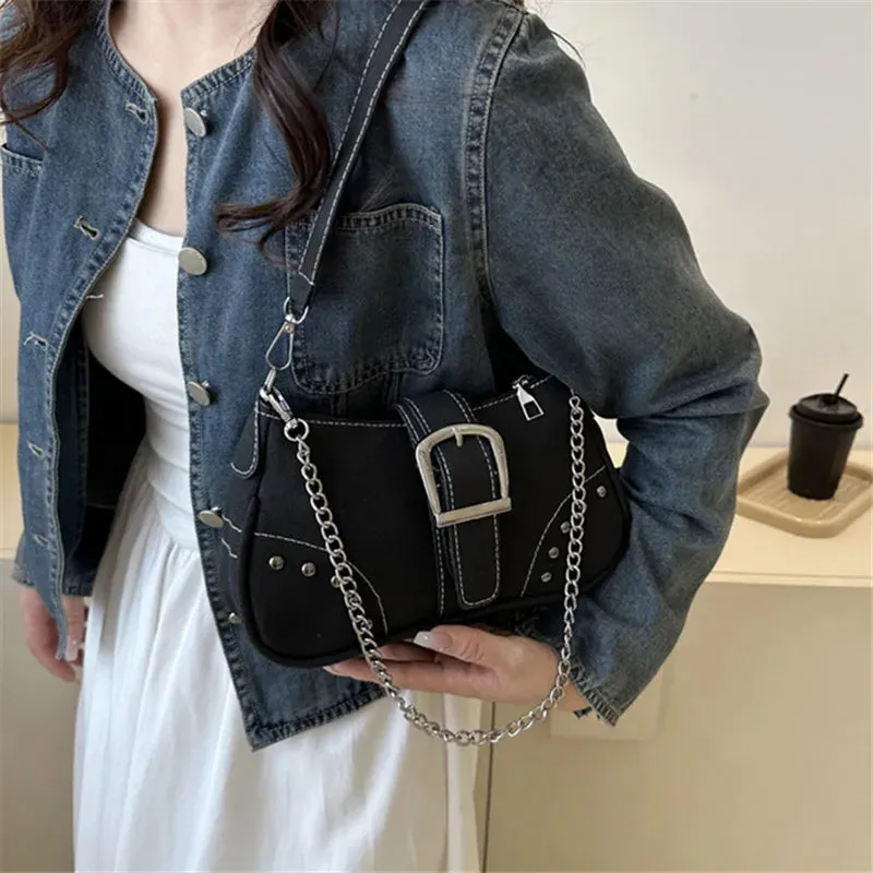 Buckle Décor Denim Bag with Chain Strap