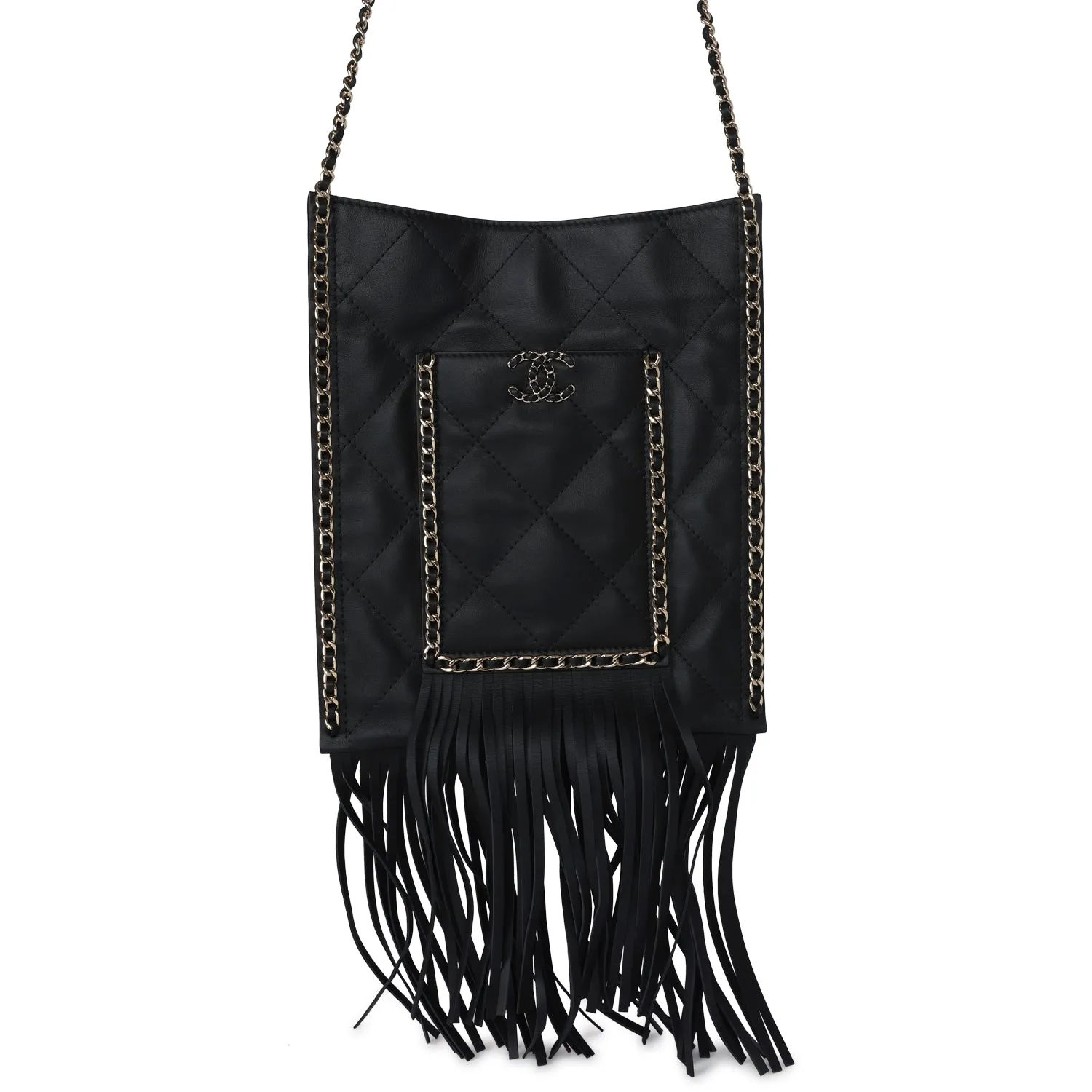 Chanel Small CC Fringe Shopping Bag Black Calfskin Light Gold Hardware
