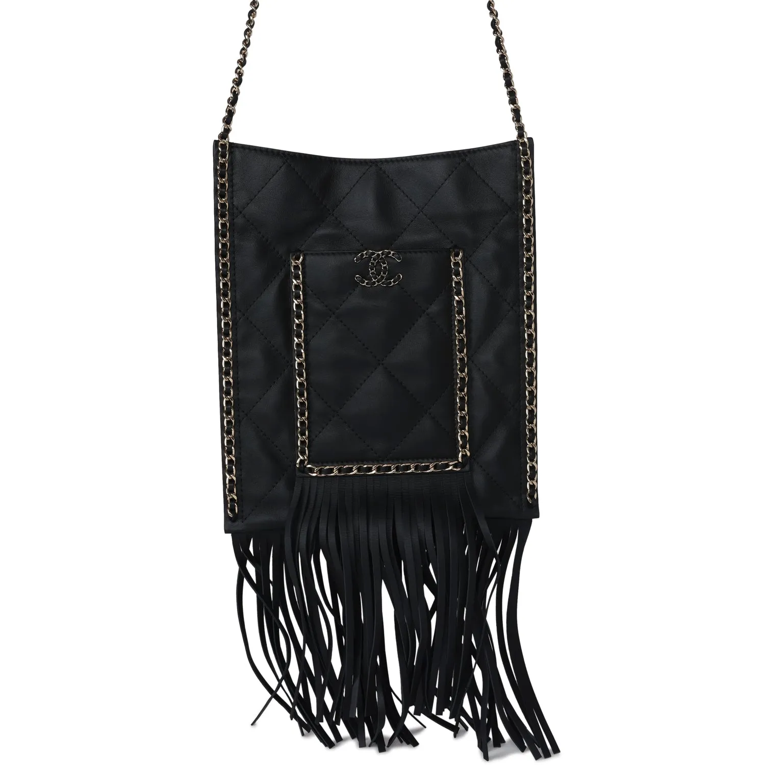 Chanel Small CC Fringe Shopping Bag Black Calfskin Light Gold Hardware