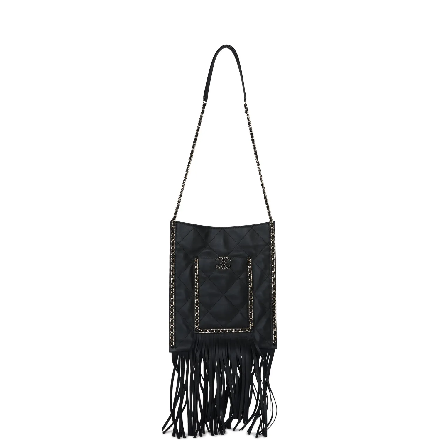Chanel Small CC Fringe Shopping Bag Black Calfskin Light Gold Hardware