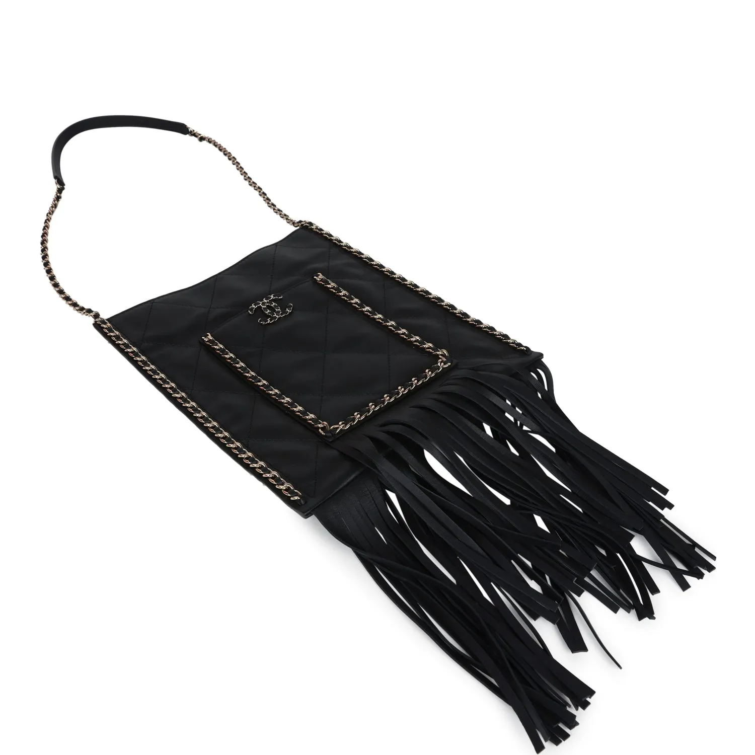 Chanel Small CC Fringe Shopping Bag Black Calfskin Light Gold Hardware