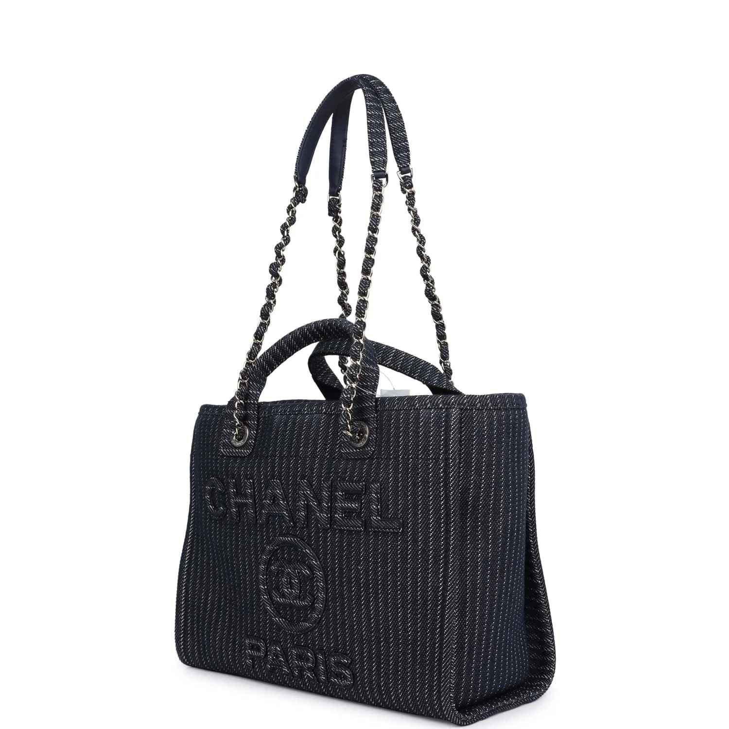 Chanel Small Striped Deauville Shopping Tote Navy Blue and White Denim Light Gold Hardware
