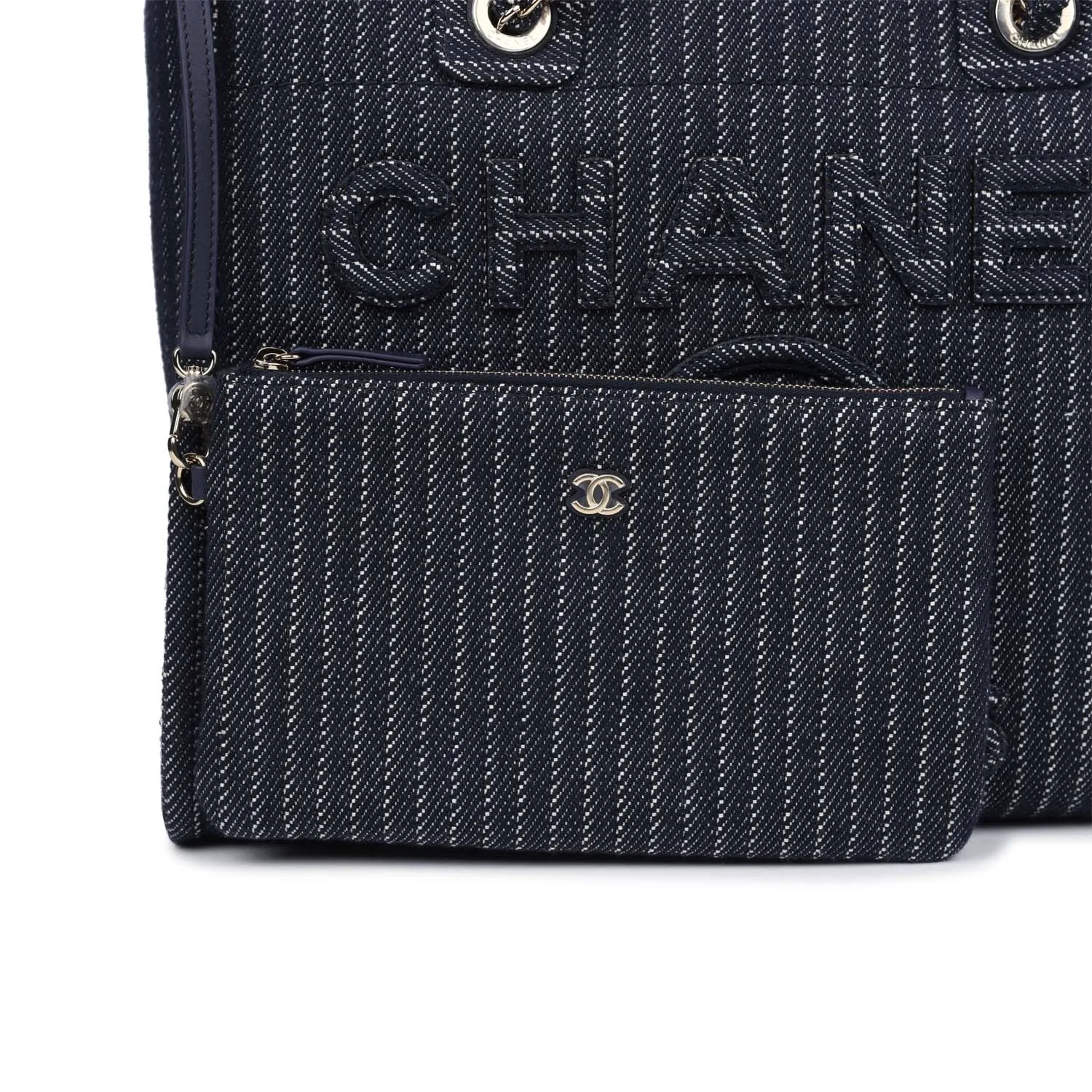 Chanel Small Striped Deauville Shopping Tote Navy Blue and White Denim Light Gold Hardware