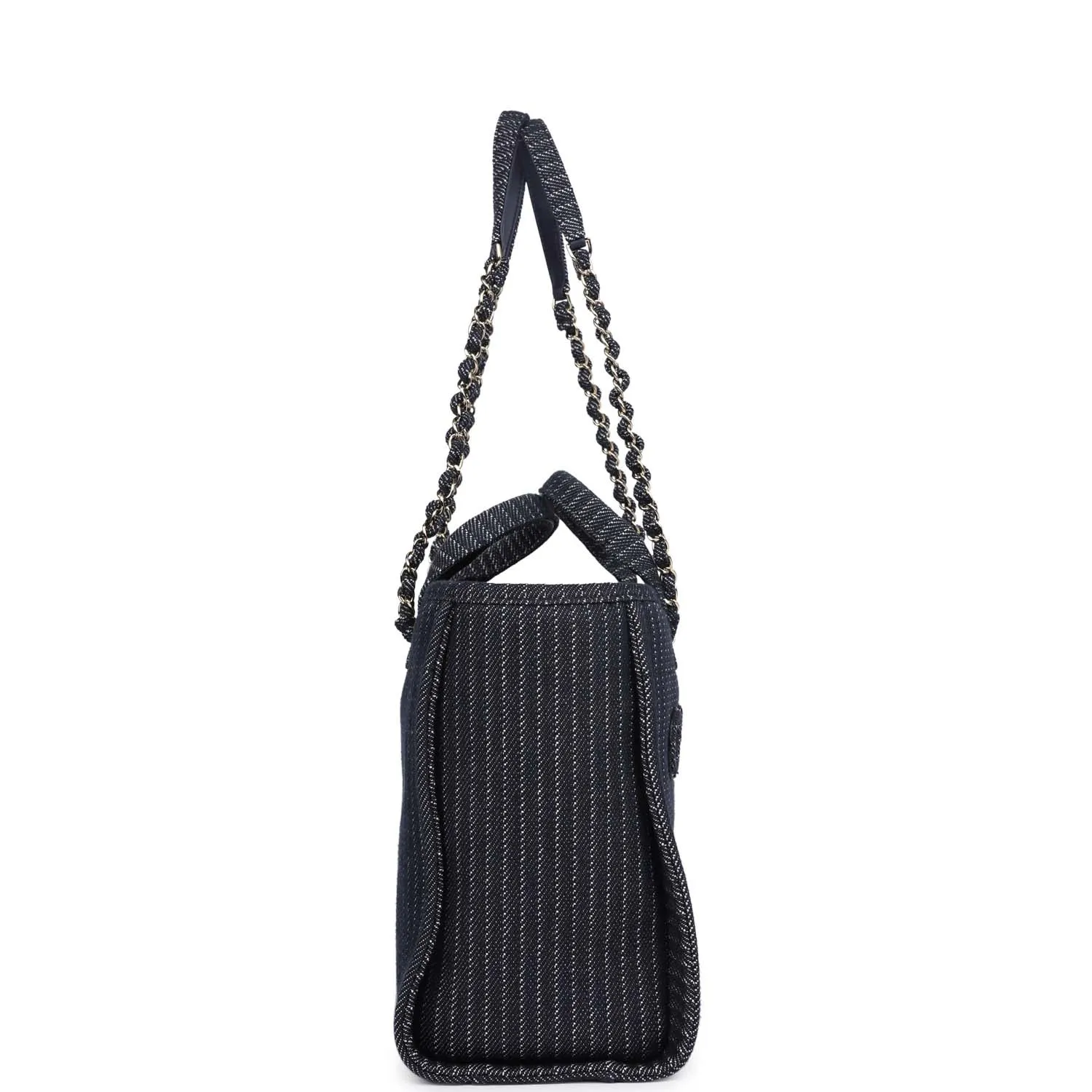 Chanel Small Striped Deauville Shopping Tote Navy Blue and White Denim Light Gold Hardware