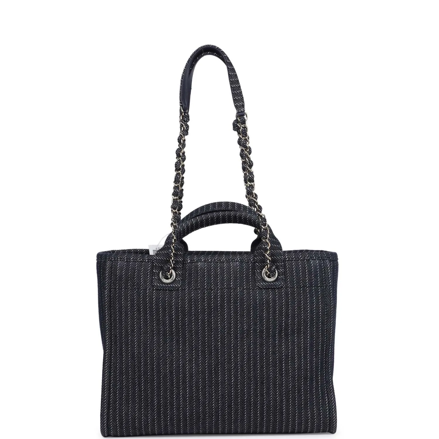 Chanel Small Striped Deauville Shopping Tote Navy Blue and White Denim Light Gold Hardware