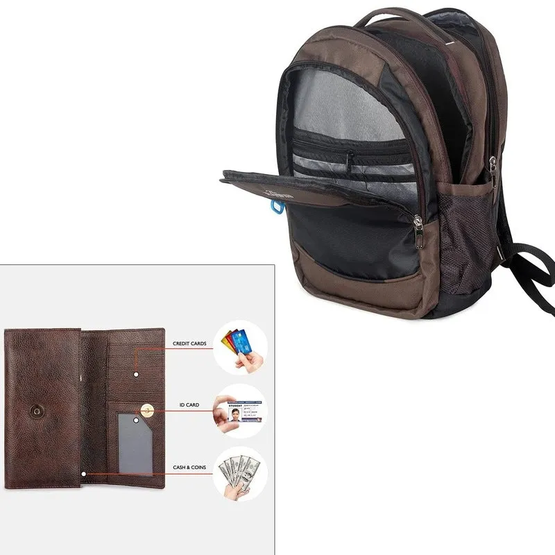 Combo: Travel Backpack & Slim Women's Wallet | 20 Litres | Impulse Brown