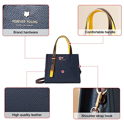 FOXER Small Satchel Handbag for Women, Genuine Leather Crossbody, Dark Blue
