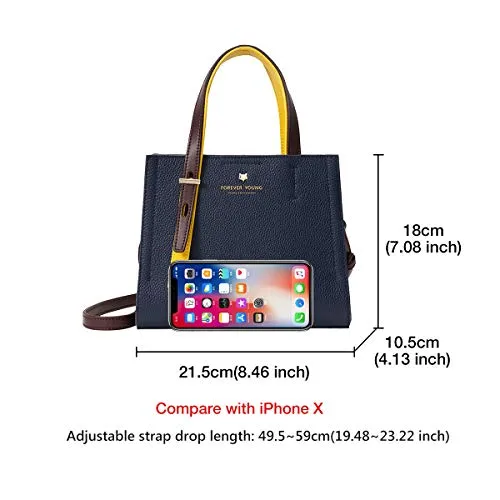 FOXER Small Satchel Handbag for Women, Genuine Leather Crossbody, Dark Blue