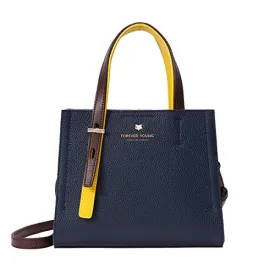 FOXER Small Satchel Handbag for Women, Genuine Leather Crossbody, Dark Blue