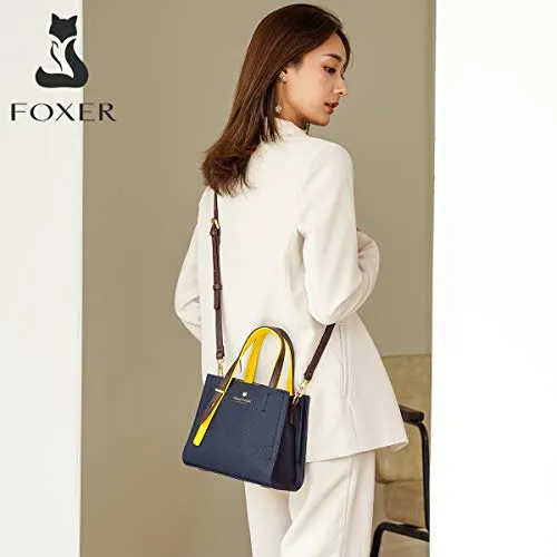 FOXER Small Satchel Handbag for Women, Genuine Leather Crossbody, Dark Blue
