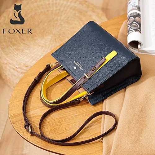 FOXER Small Satchel Handbag for Women, Genuine Leather Crossbody, Dark Blue