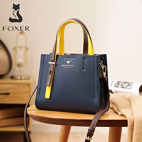 FOXER Small Satchel Handbag for Women, Genuine Leather Crossbody, Dark Blue