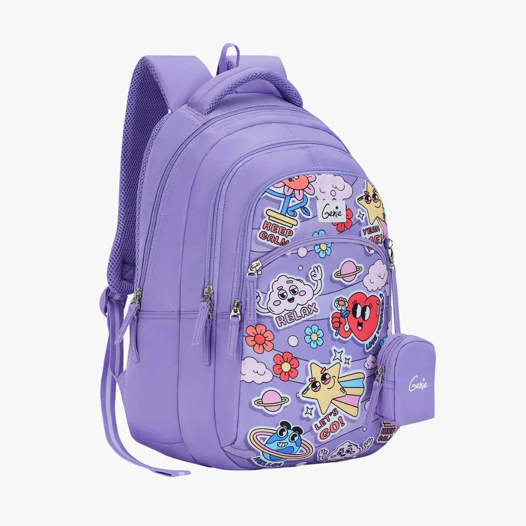 Genie Pearl Backpack for Girls, 17" Cute, Colourful Bags, Water Resistant and Lightweight, 3 Compartment with Happy Pouch, 27 Liters, Nylon Twill, Purple