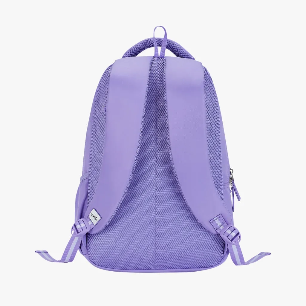 Genie Pearl Backpack for Girls, 17" Cute, Colourful Bags, Water Resistant and Lightweight, 3 Compartment with Happy Pouch, 27 Liters, Nylon Twill, Purple