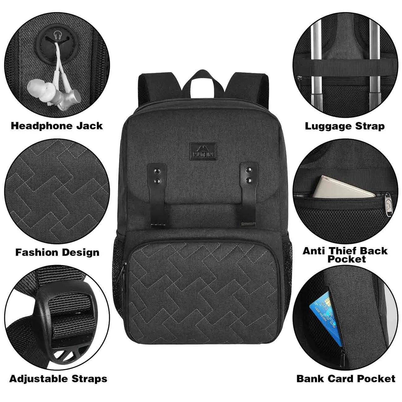Matein Charcoal Black Bookbag With Lunch Box