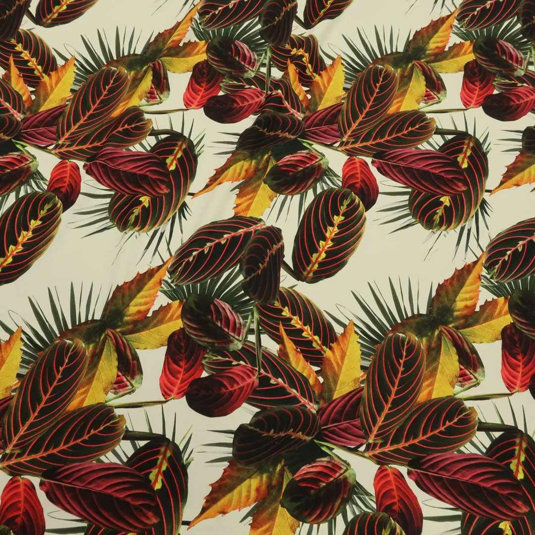 Nude Background with Burgundy and Yellow Leaves Printed Fabric