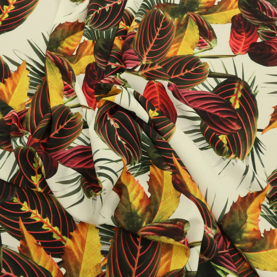 Nude Background with Burgundy and Yellow Leaves Printed Fabric