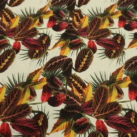 Nude Background with Burgundy and Yellow Leaves Printed Fabric