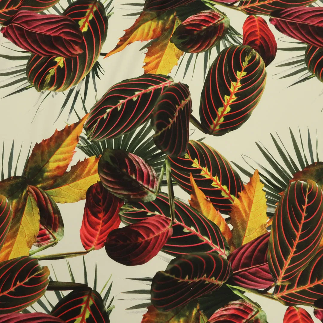 Nude Background with Burgundy and Yellow Leaves Printed Fabric