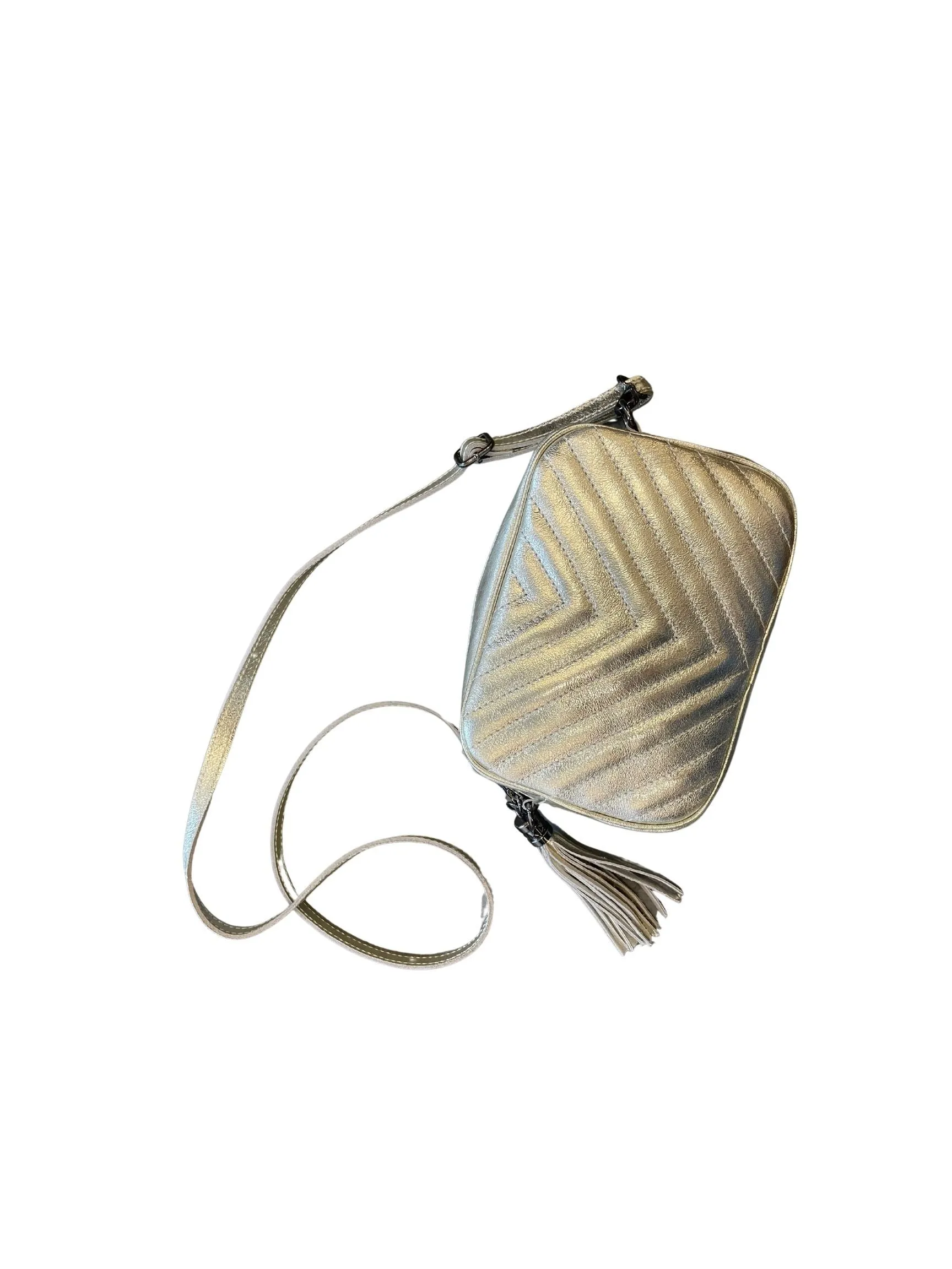 Quilted Leather Crossbody Bag with Side Tassel- Gold