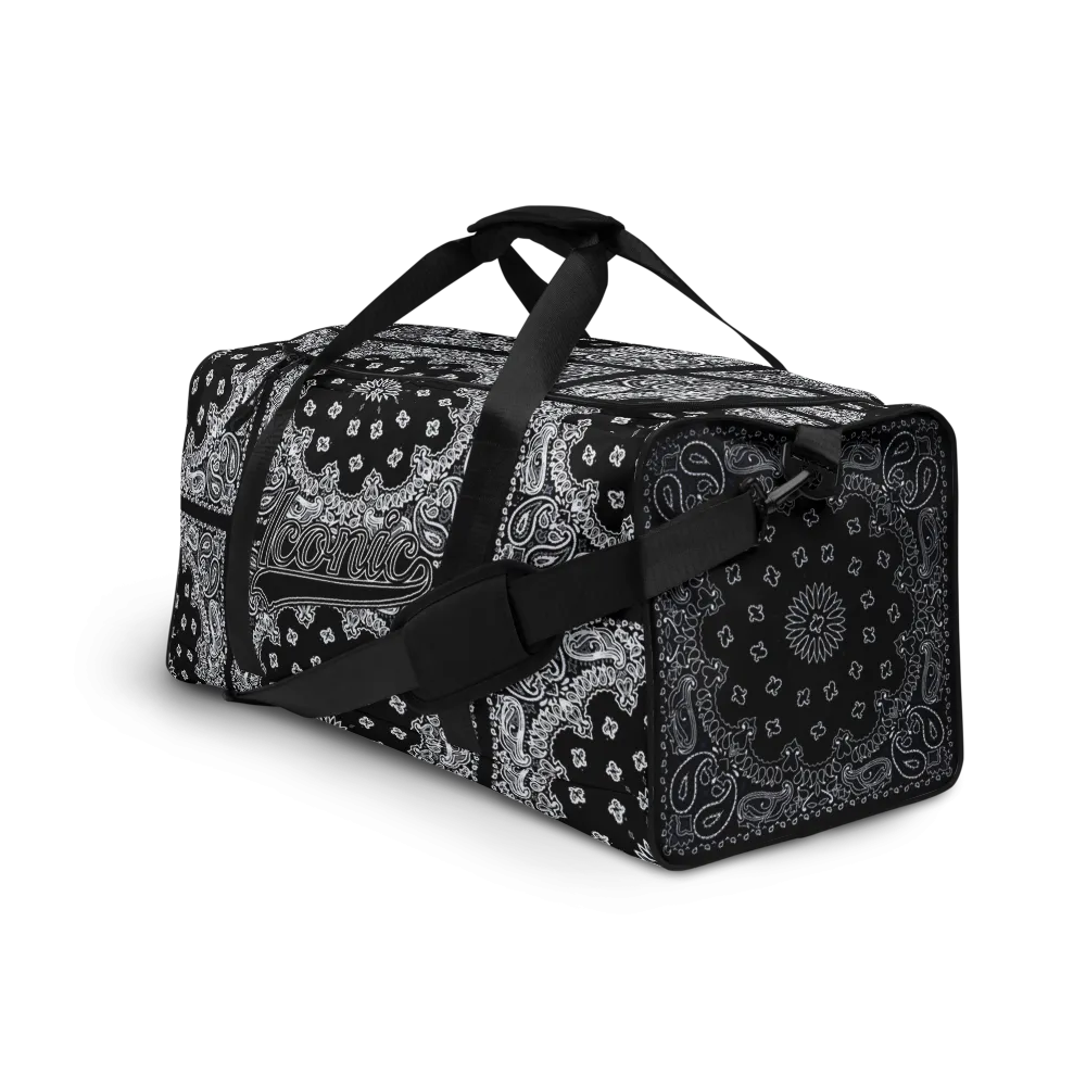 ROYAL ICONIC | Bandana Flag Duffle Bag Color Block Carousel Dope Azz DUFFEL Bag HueMan Gang Workout Gym Bag Solid Black and Logo