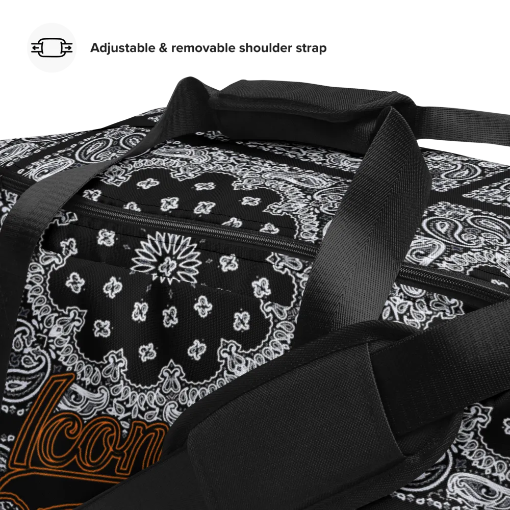 ROYAL ICONIC | Bandana Flag Duffle Bag Color Block Carousel Dope Azz DUFFEL Bag HueMan Gang Workout Gym Bag Solid Black and Logo
