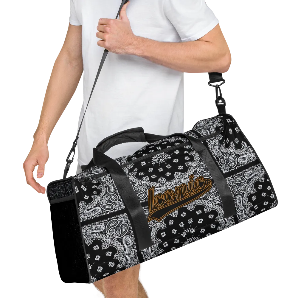 ROYAL ICONIC | Bandana Flag Duffle Bag Color Block Carousel Dope Azz DUFFEL Bag HueMan Gang Workout Gym Bag Solid Black and Logo