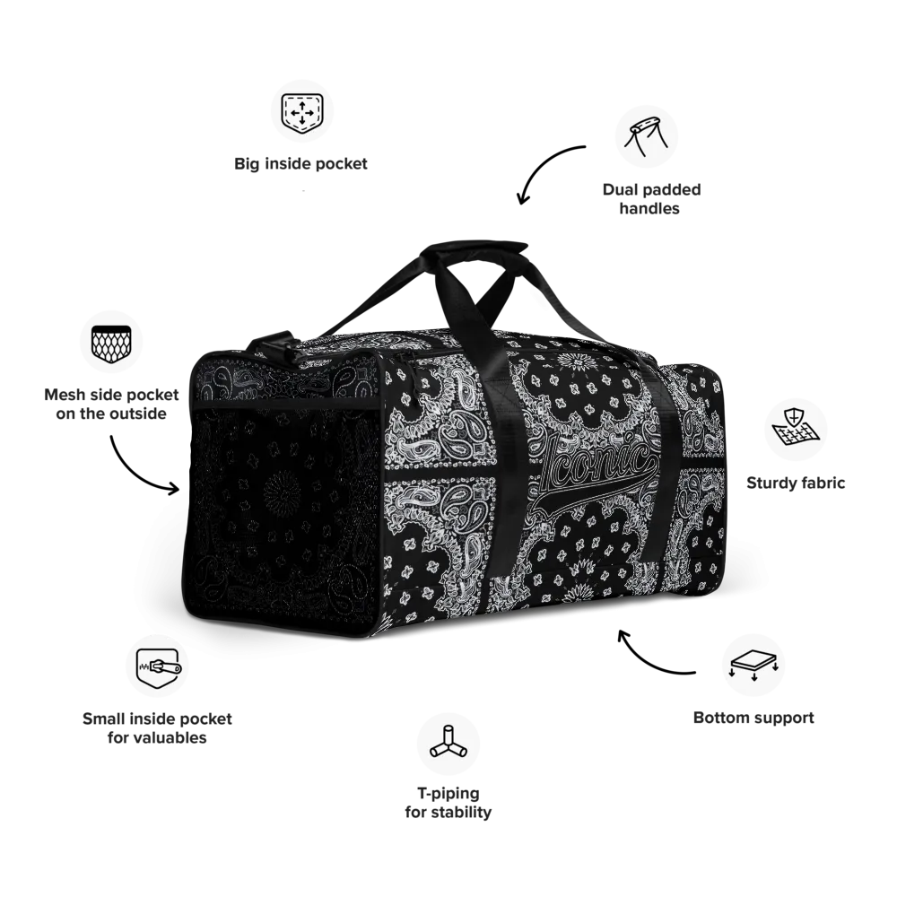 ROYAL ICONIC | Bandana Flag Duffle Bag Color Block Carousel Dope Azz DUFFEL Bag HueMan Gang Workout Gym Bag Solid Black and Logo