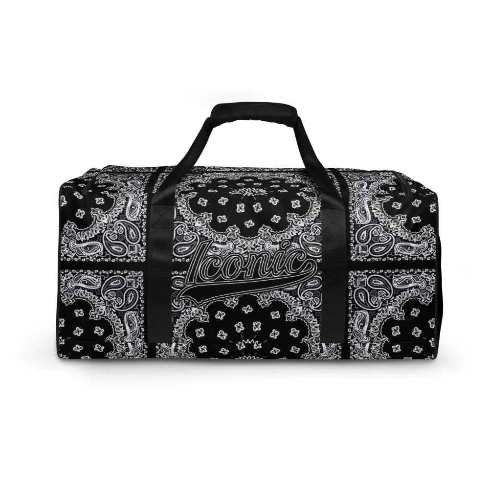 ROYAL ICONIC | Bandana Flag Duffle Bag Color Block Carousel Dope Azz DUFFEL Bag HueMan Gang Workout Gym Bag Solid Black and Logo
