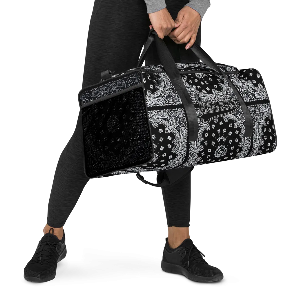 ROYAL ICONIC | Bandana Flag Duffle Bag Color Block Carousel Dope Azz DUFFEL Bag HueMan Gang Workout Gym Bag Solid Black and Logo