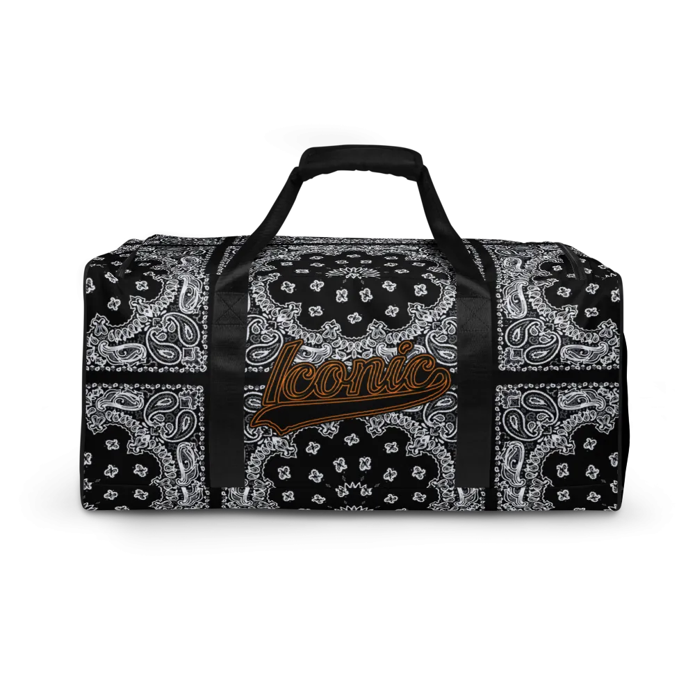ROYAL ICONIC | Bandana Flag Duffle Bag Color Block Carousel Dope Azz DUFFEL Bag HueMan Gang Workout Gym Bag Solid Black and Logo
