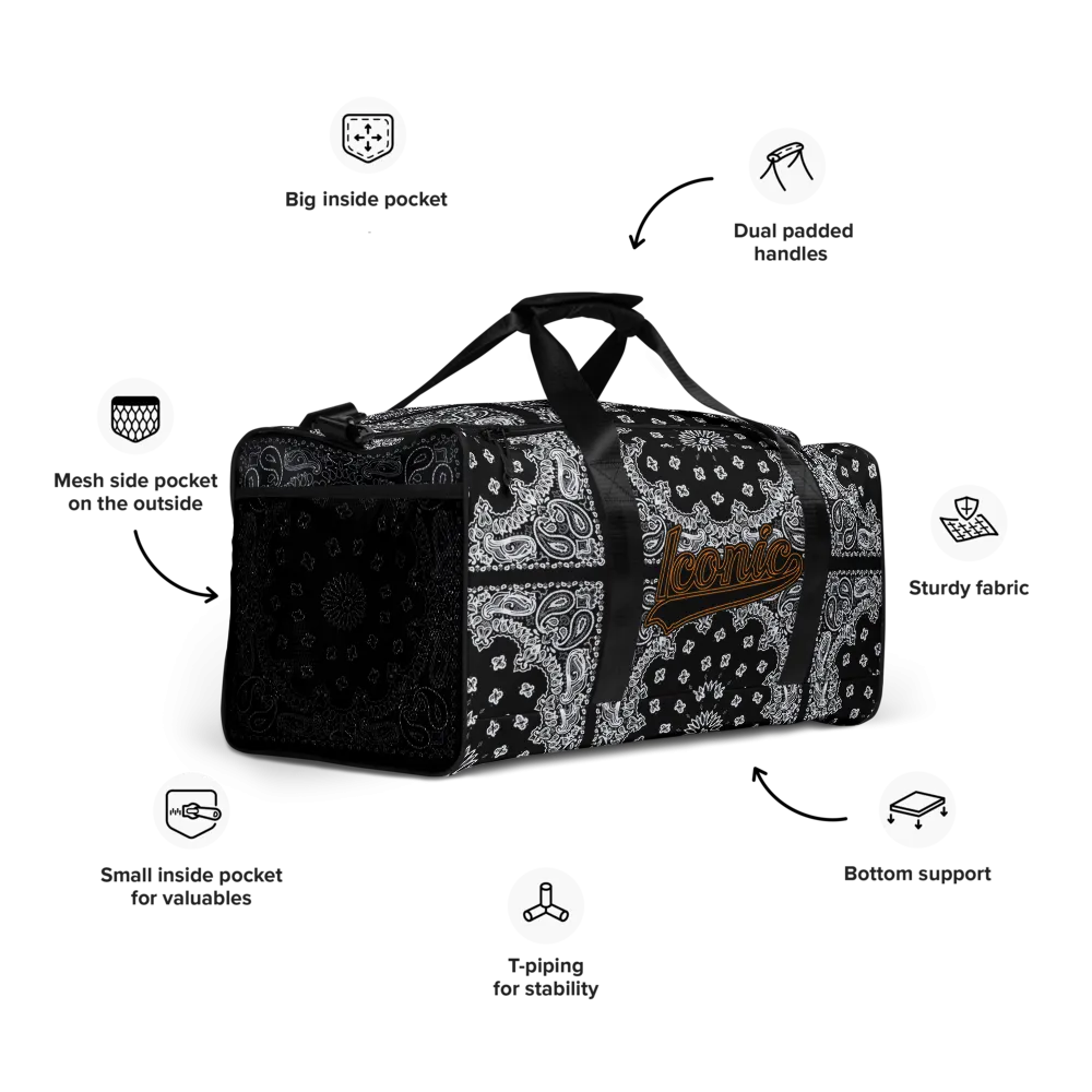 ROYAL ICONIC | Bandana Flag Duffle Bag Color Block Carousel Dope Azz DUFFEL Bag HueMan Gang Workout Gym Bag Solid Black and Logo
