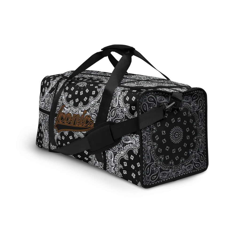 ROYAL ICONIC | Bandana Flag Duffle Bag Color Block Carousel Dope Azz DUFFEL Bag HueMan Gang Workout Gym Bag Solid Black and Logo