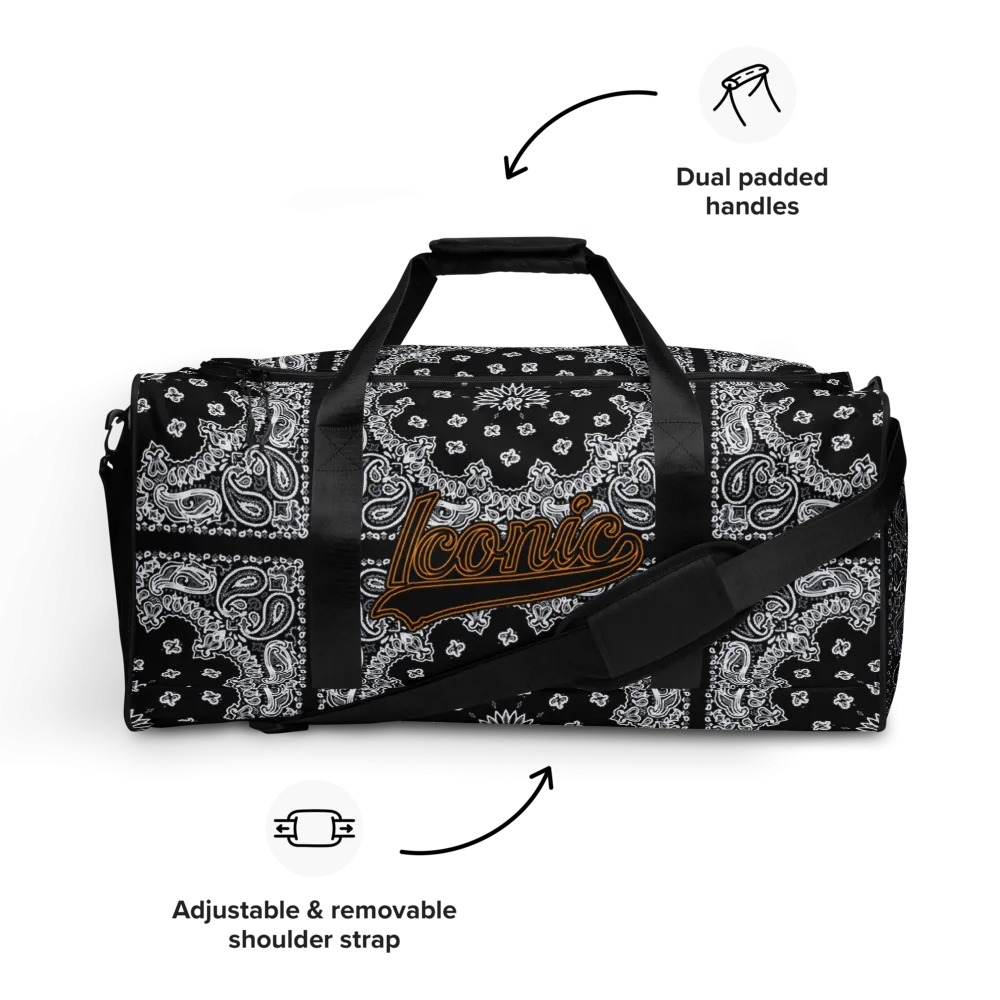 ROYAL ICONIC | Bandana Flag Duffle Bag Color Block Carousel Dope Azz DUFFEL Bag HueMan Gang Workout Gym Bag Solid Black and Logo