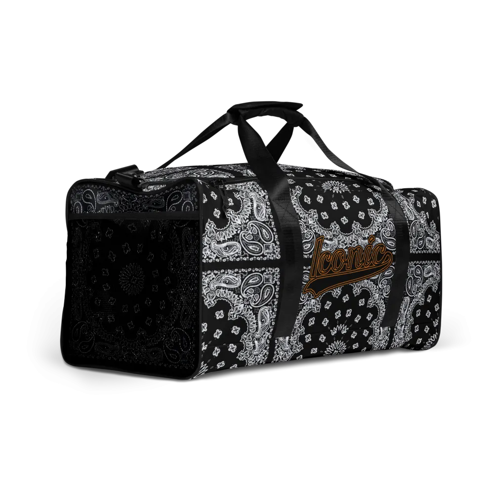 ROYAL ICONIC | Bandana Flag Duffle Bag Color Block Carousel Dope Azz DUFFEL Bag HueMan Gang Workout Gym Bag Solid Black and Logo