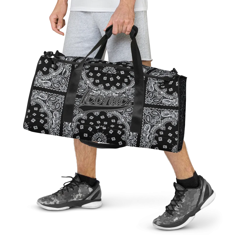 ROYAL ICONIC | Bandana Flag Duffle Bag Color Block Carousel Dope Azz DUFFEL Bag HueMan Gang Workout Gym Bag Solid Black and Logo