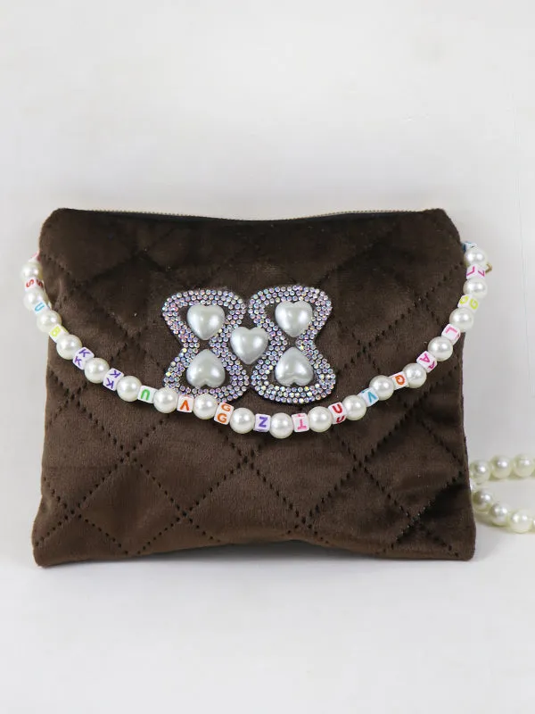 Stylish Velvet Handbag For Women's Heart Brown 18
