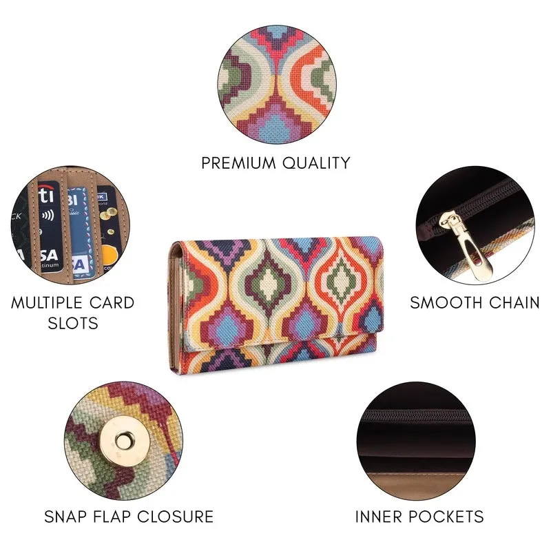 THE CLOWNFISH Charisma Collection Printed Handicraft Fabric & Faux Leather Womens Wallet Clutch Ladies Purse with Multiple Card Slots (Multicolour Design)
