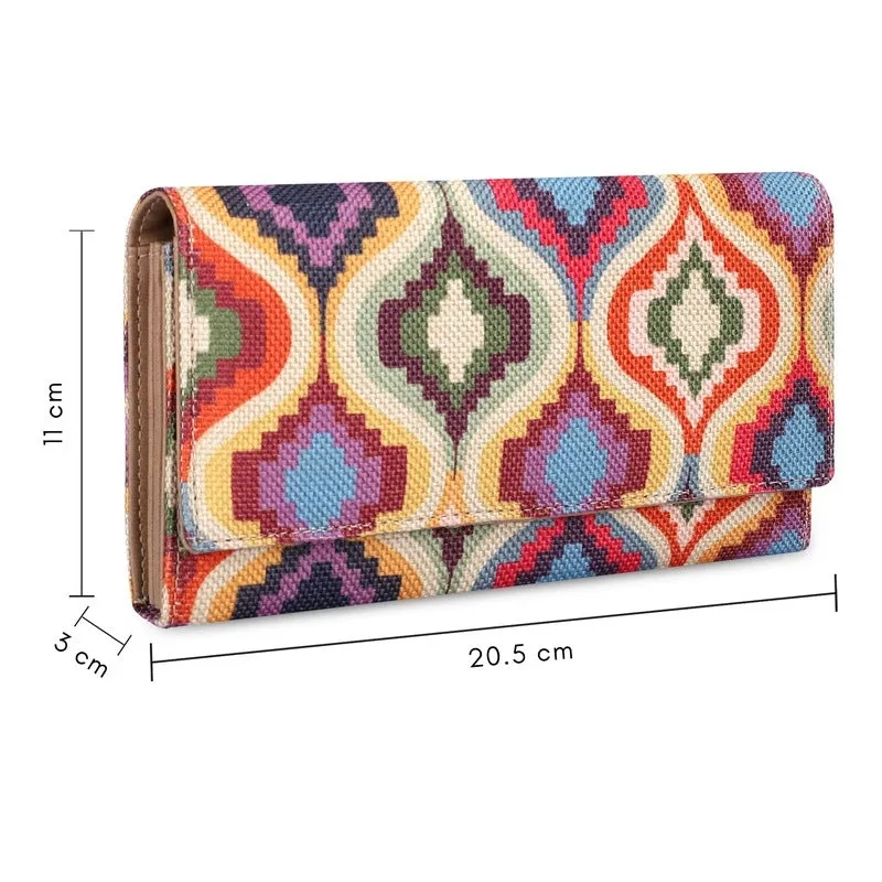 THE CLOWNFISH Charisma Collection Printed Handicraft Fabric & Faux Leather Womens Wallet Clutch Ladies Purse with Multiple Card Slots (Multicolour Design)