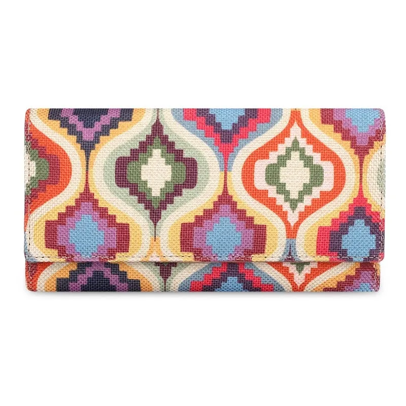 THE CLOWNFISH Charisma Collection Printed Handicraft Fabric & Faux Leather Womens Wallet Clutch Ladies Purse with Multiple Card Slots (Multicolour Design)